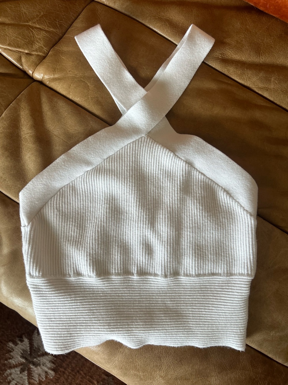 Abercrombie & Fitch Off-the-Shoulder White Ribbed Sweater cross ribbon neckline